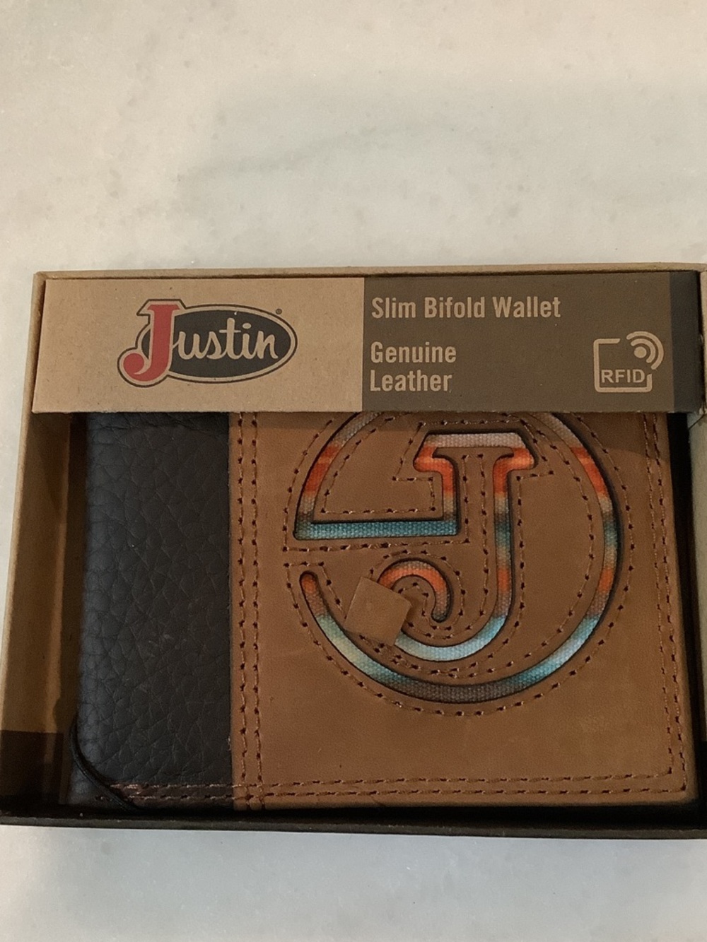 Justin Boots Brown Wallet with Turquoise and Orange Inlay, Brand New